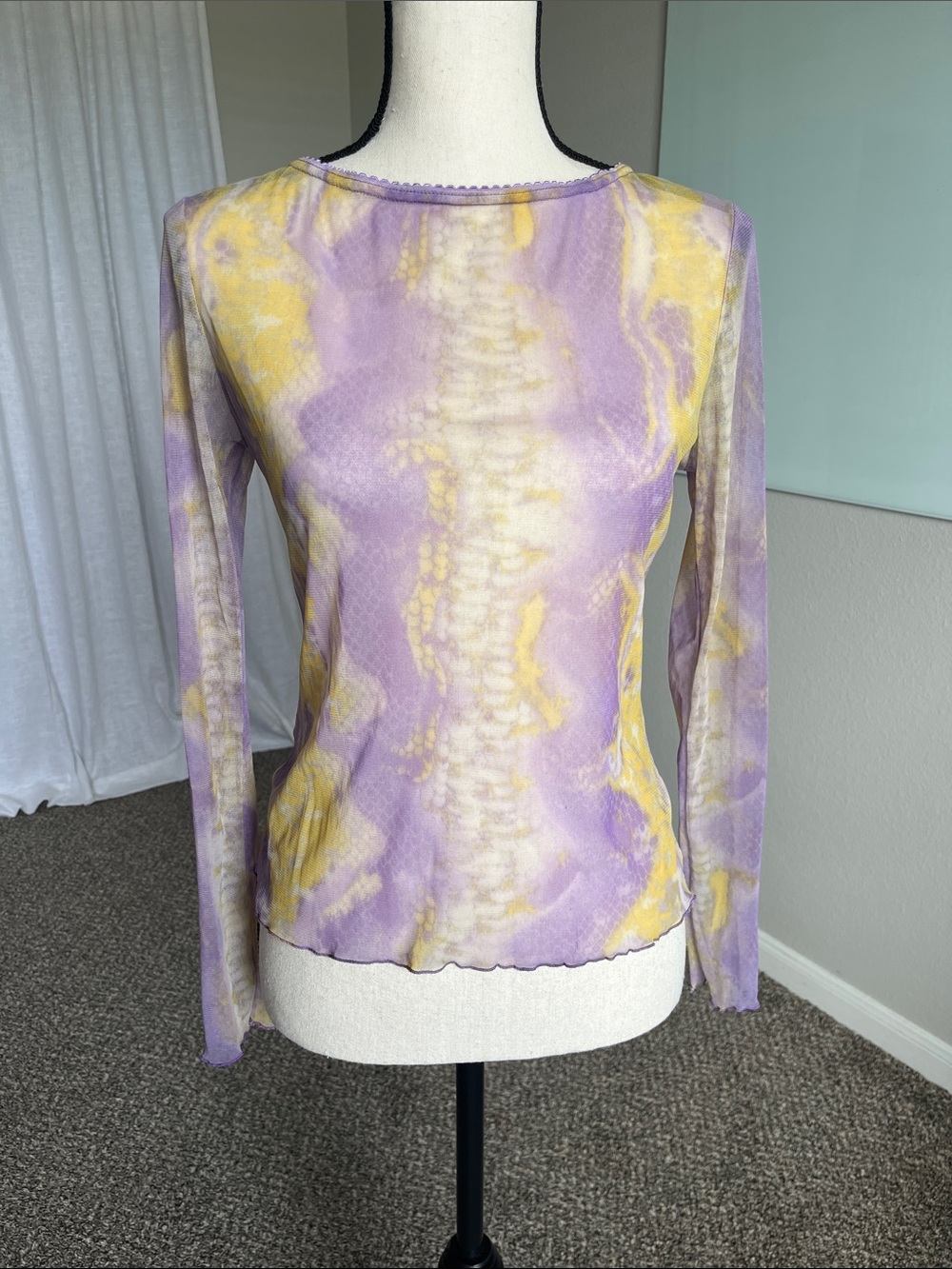 SHARAGANO Paris Sheer Snake Print Long Sleeve Blouse Purple Yellow Green M/L